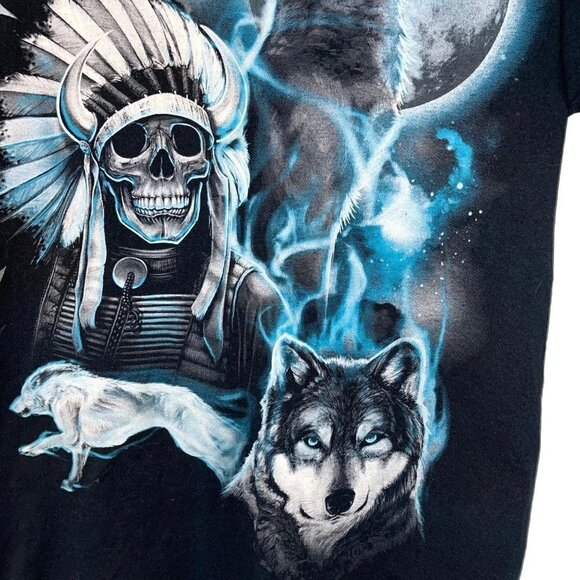 Mens Skull Wolf T-Shirt Black Blue Size Small Short Sleeve Crewneck Graphic - Picture 3 of 9